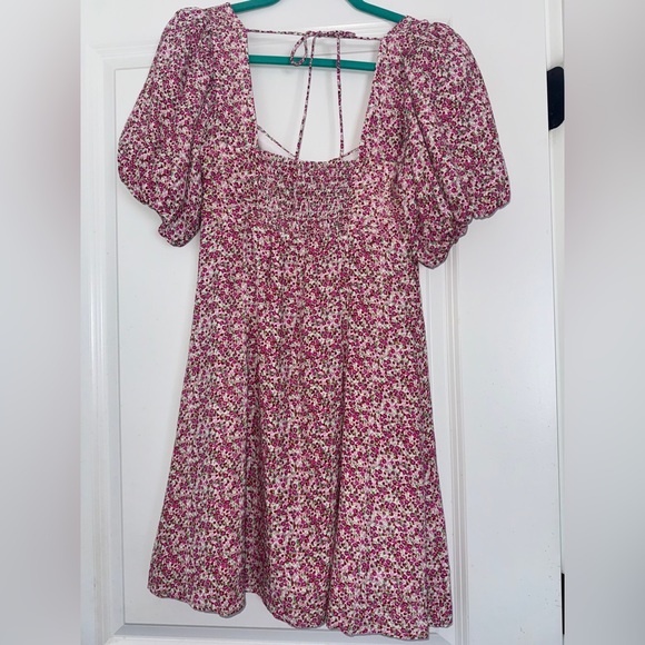Astr Floral Print Puff Sleeve Dress Magenta Lime Ditsy XS - Picture 7 of 14